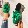 Glossy Green Bowknot Loafers Chunky Cushioned Sole