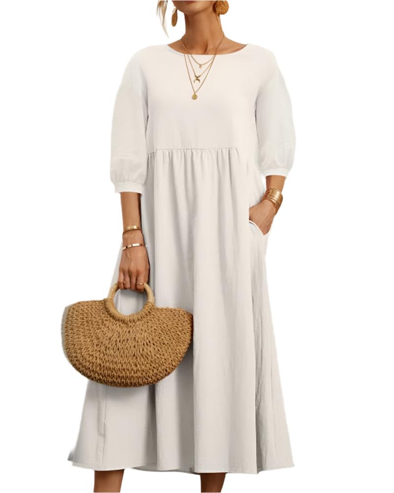 Relaxed Fit Midi Dress Lightweight Cotton Linen Blend
