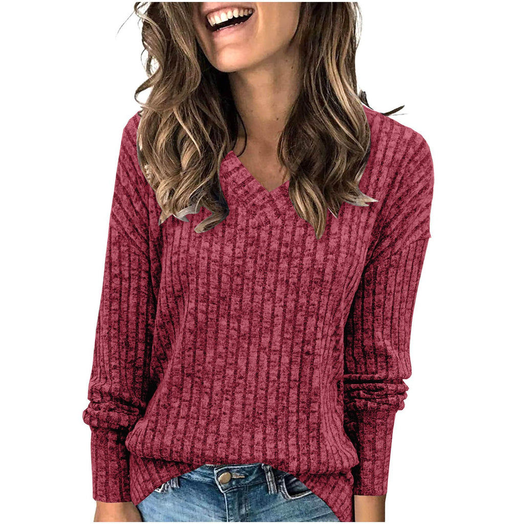 Lightweight V-Neck Knit Sweater – Relaxed Long Sleeve Pullover