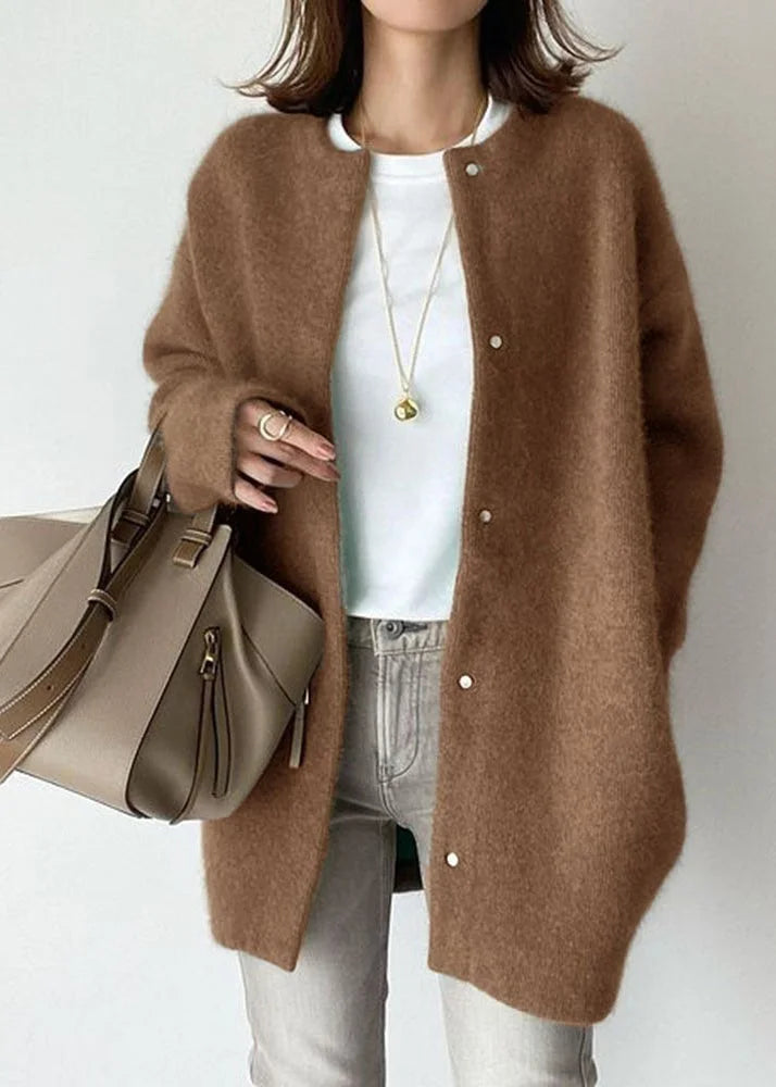 Coffee Tone O-Neck Patchwork Knitted Cardigan Coat