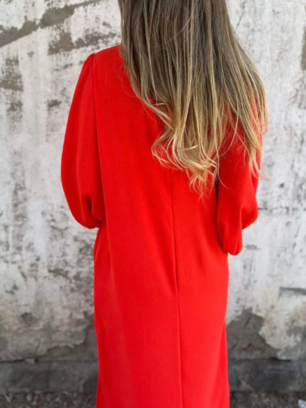 Loose Fit V Neck Balloon Sleeve Ankle Dress