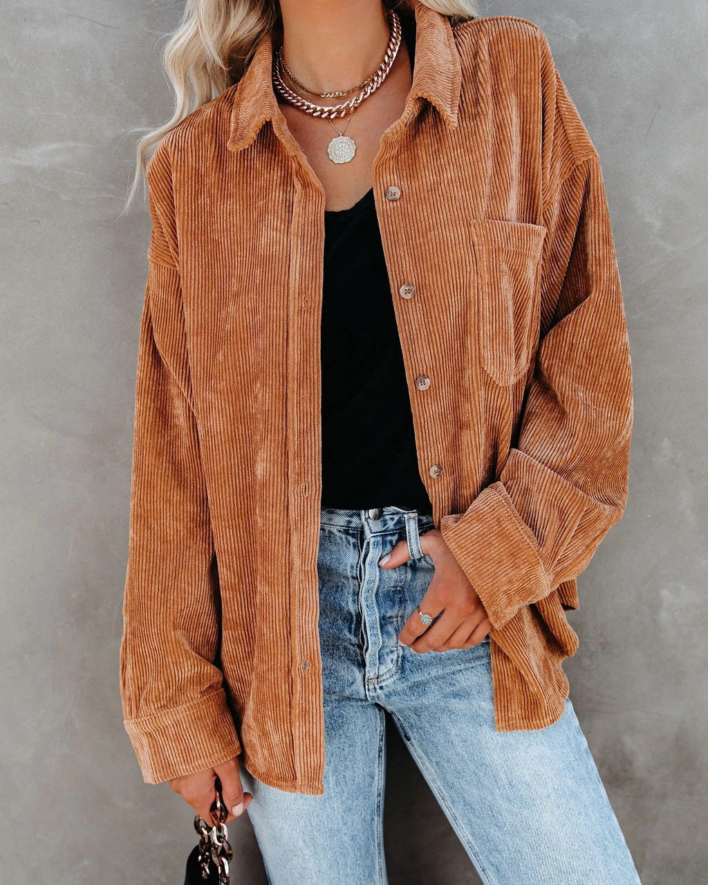 Loose Fit Button-Front Corduroy Shirt with Pockets