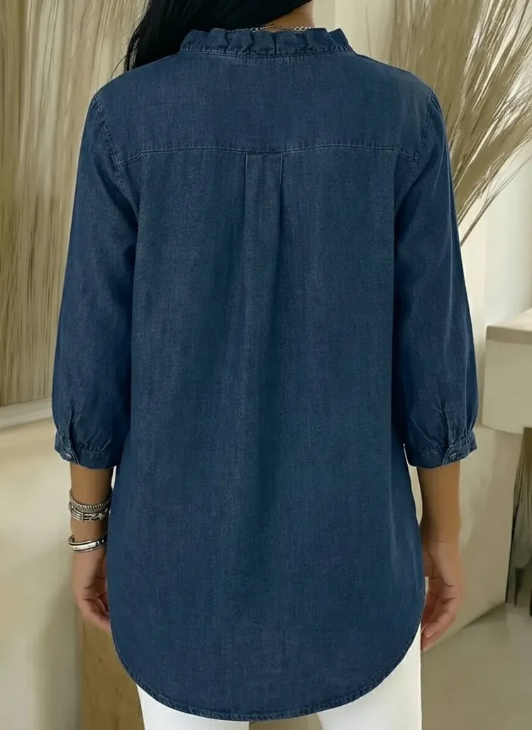 Relaxed Fit Denim Blouse V Neck Ruffled Detail