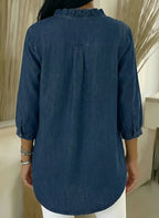 Relaxed Fit Denim Blouse V Neck Ruffled Detail