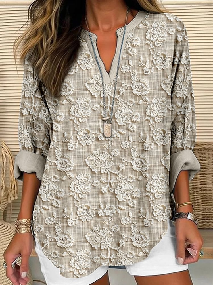 Relaxed Fit Floral Embroidered Women Blouse V Neck