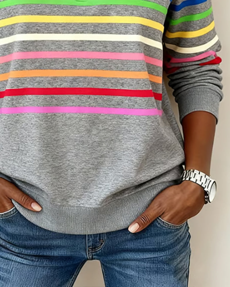 Colorful Striped Pullover Sweatshirt Relaxed Fit Cotton Blend