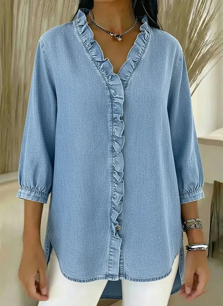 Relaxed Fit Denim Blouse V Neck Ruffled Detail