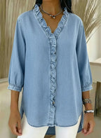Relaxed Fit Denim Blouse V Neck Ruffled Detail