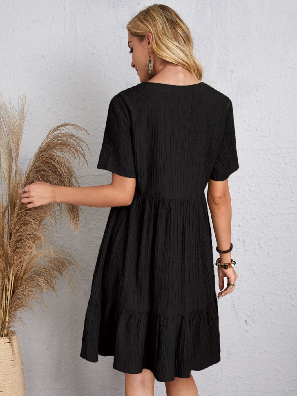 Lightweight V Neck Short Sleeve A Line Dress