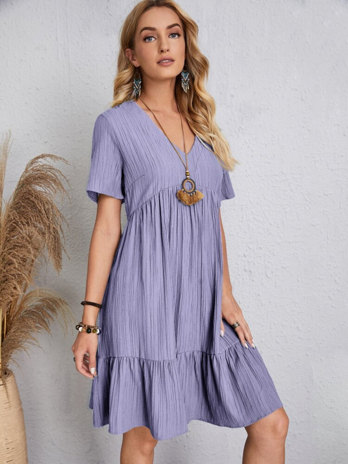 Lightweight V Neck Short Sleeve A Line Dress