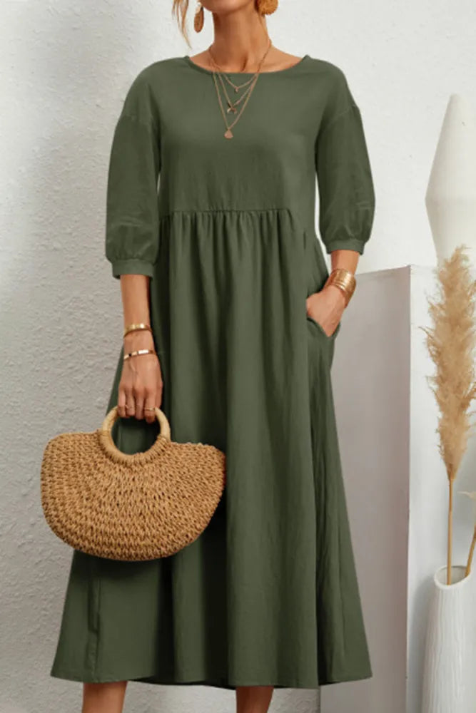 Relaxed Fit Midi Dress Lightweight Cotton Linen Blend