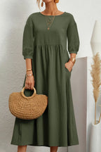 Relaxed Fit Midi Dress Lightweight Cotton Linen Blend