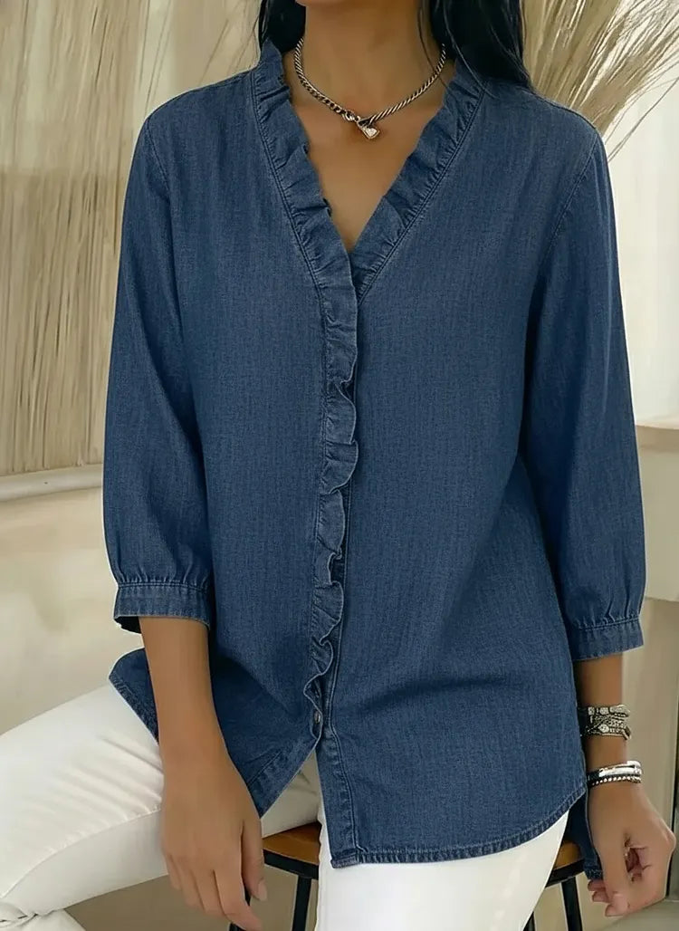Relaxed Fit Denim Blouse V Neck Ruffled Detail