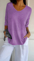 Lightweight V Neck Knit Top Relaxed Casual Fit