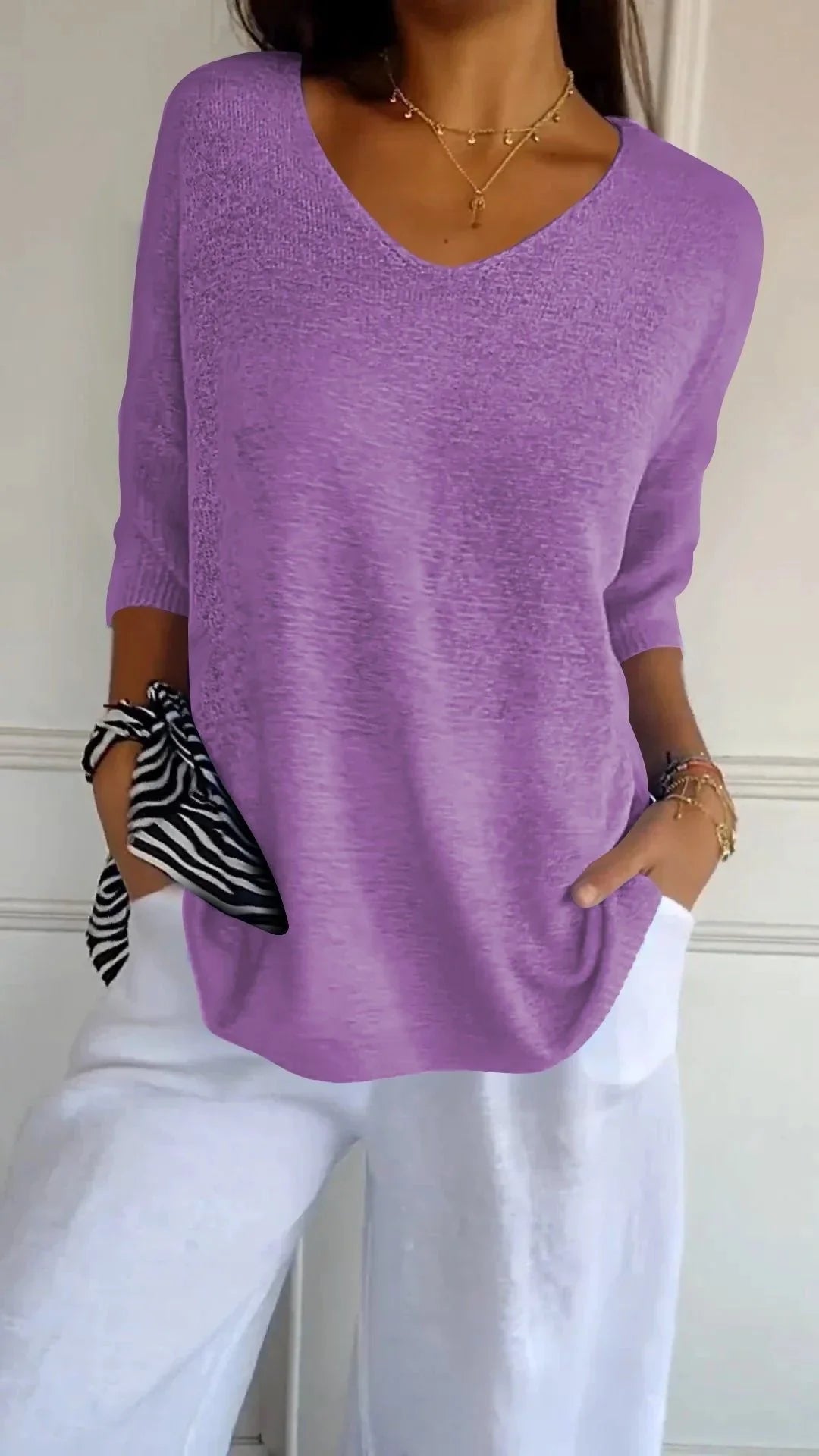 Lightweight V Neck Knit Top Relaxed Casual Fit