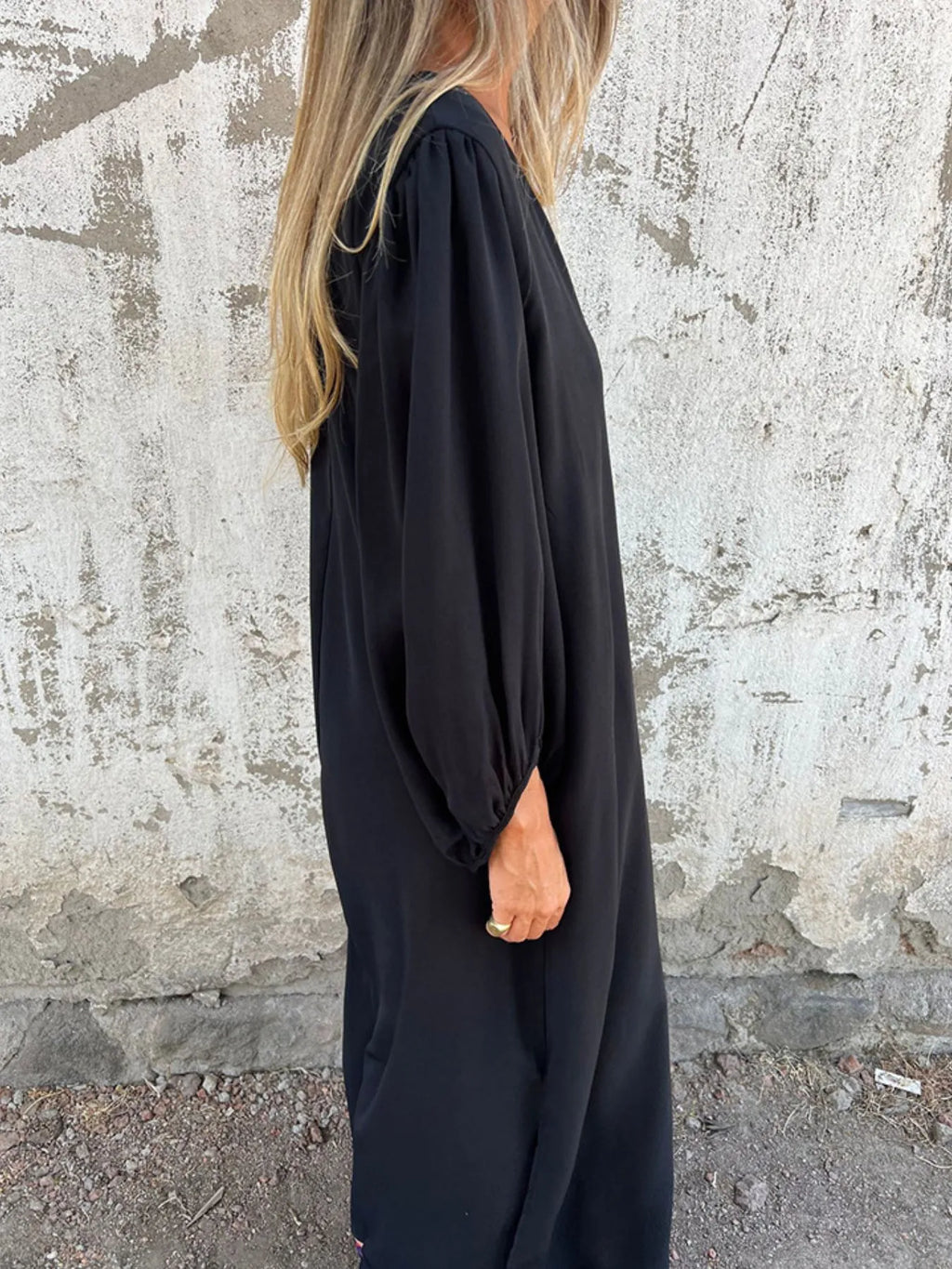 Loose Fit V Neck Balloon Sleeve Ankle Dress