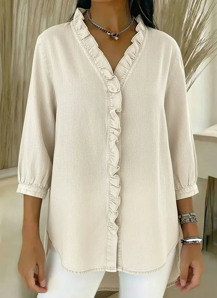 Relaxed Fit Denim Blouse V Neck Ruffled Detail