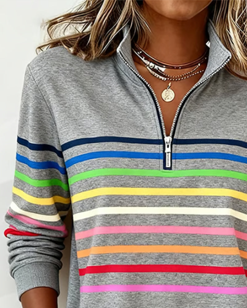 Colorful Striped Pullover Sweatshirt Relaxed Fit Cotton Blend