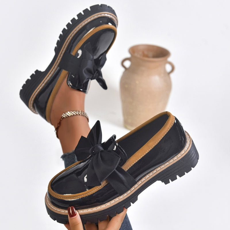 Glossy Green Bowknot Loafers Chunky Cushioned Sole