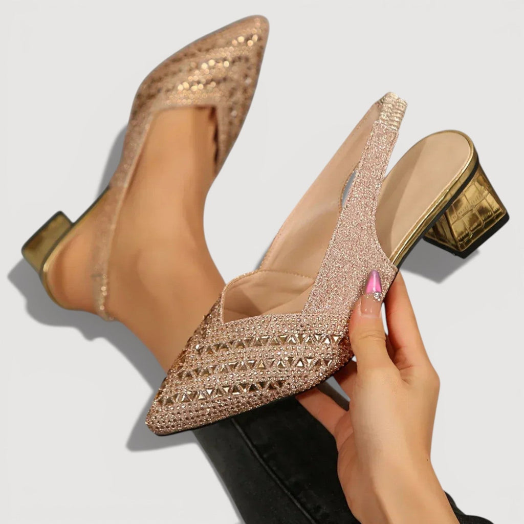 Elegant Slingback Heels Pointed Toe Sparkle Finish