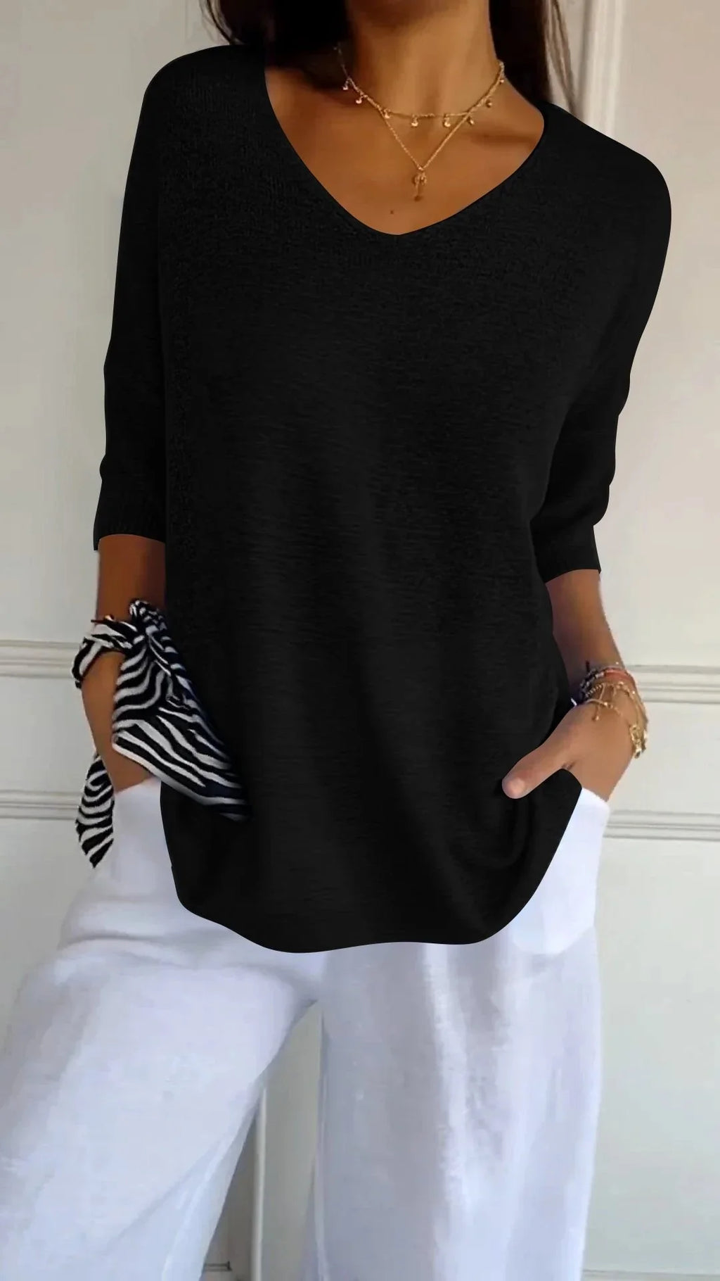 Lightweight V Neck Knit Top Relaxed Casual Fit