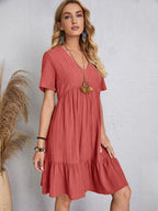 Lightweight V Neck Short Sleeve A Line Dress