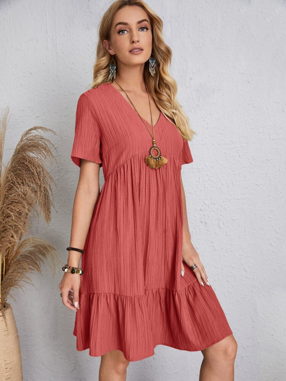 Lightweight V Neck Short Sleeve A Line Dress