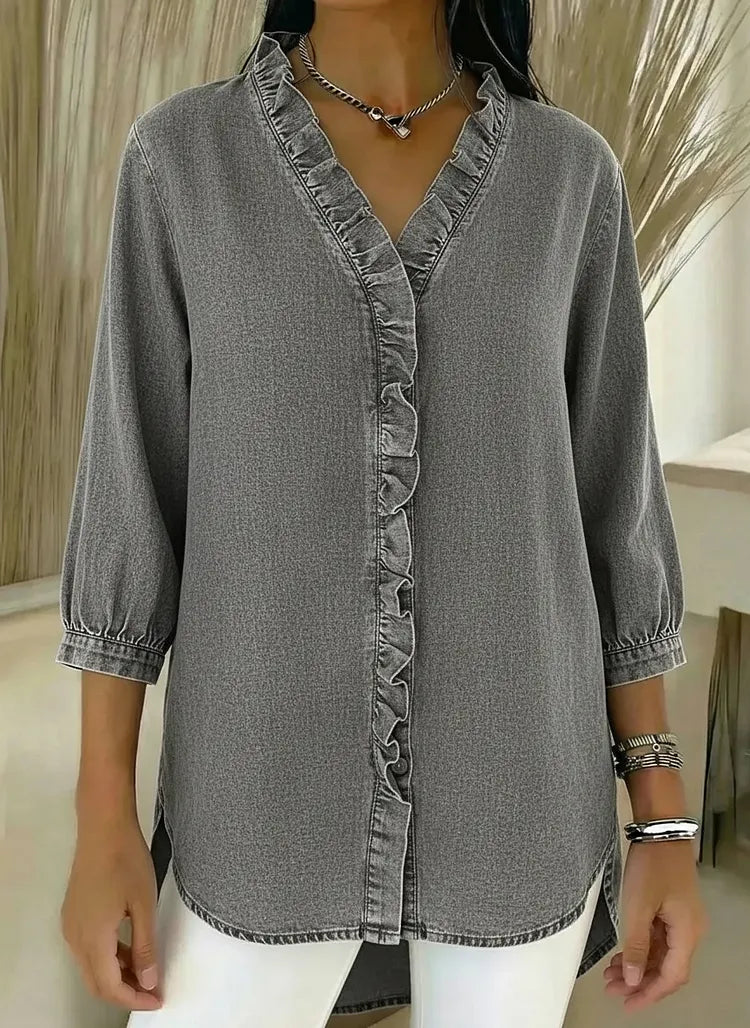 Relaxed Fit Denim Blouse V Neck Ruffled Detail