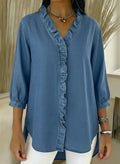 Relaxed Fit Denim Blouse V Neck Ruffled Detail
