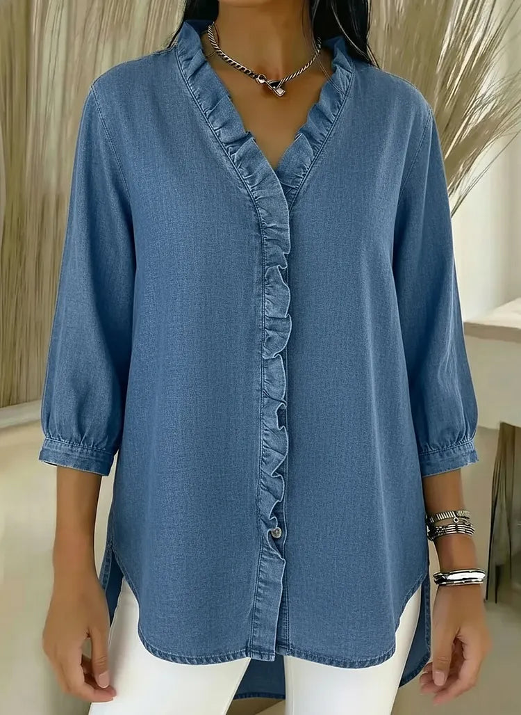 Relaxed Fit Denim Blouse V Neck Ruffled Detail