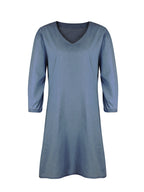 Soft Denim V Neck Dress Puff Sleeve Above Knee