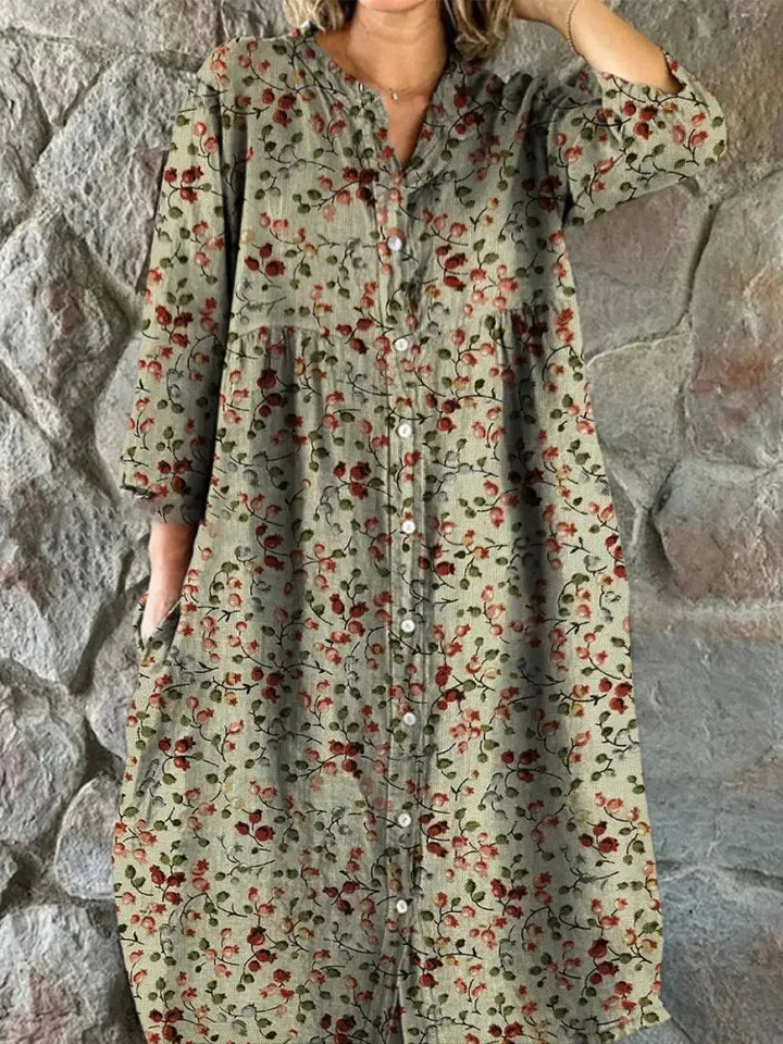 Womens Retro Floral Shirt Dress with Pockets - Khaki / S Womens Retro Floral Shirt Dress with Pockets - Khaki / S