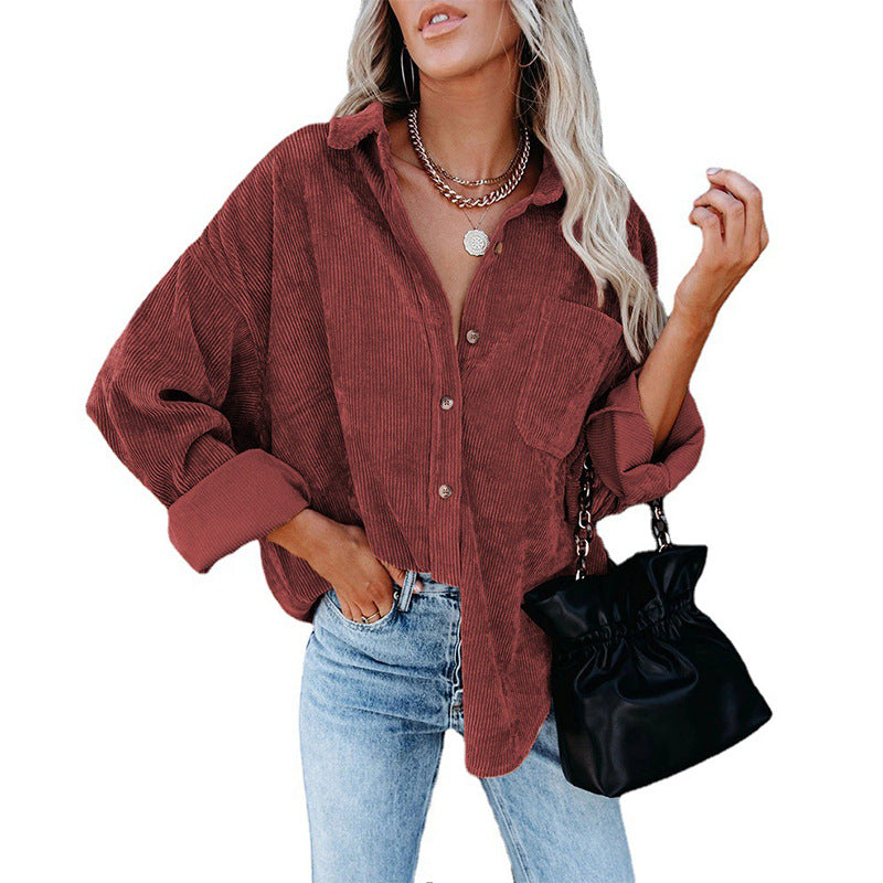 Loose Fit Button-Front Corduroy Shirt with Pockets
