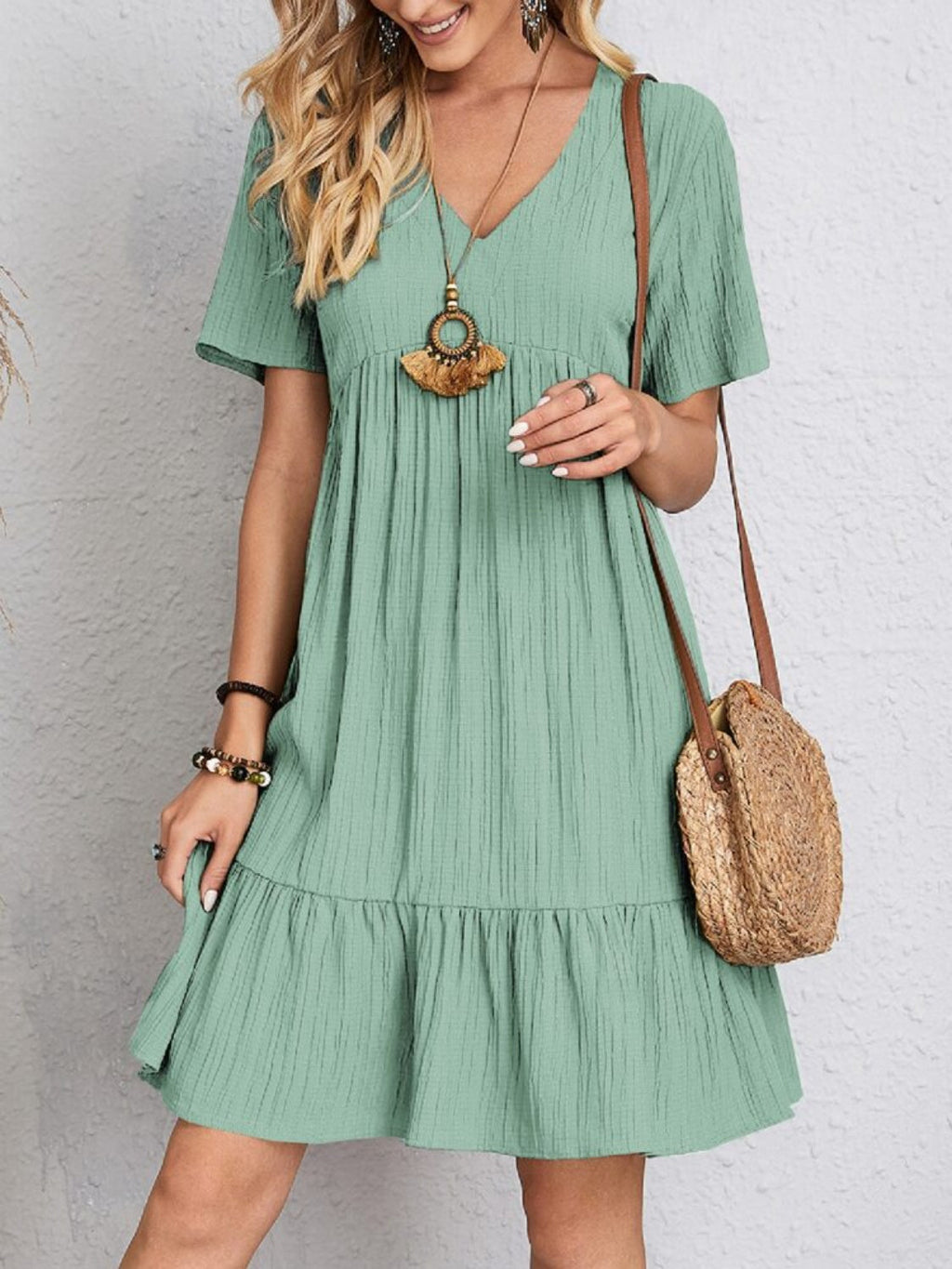 Lightweight V Neck Short Sleeve A Line Dress