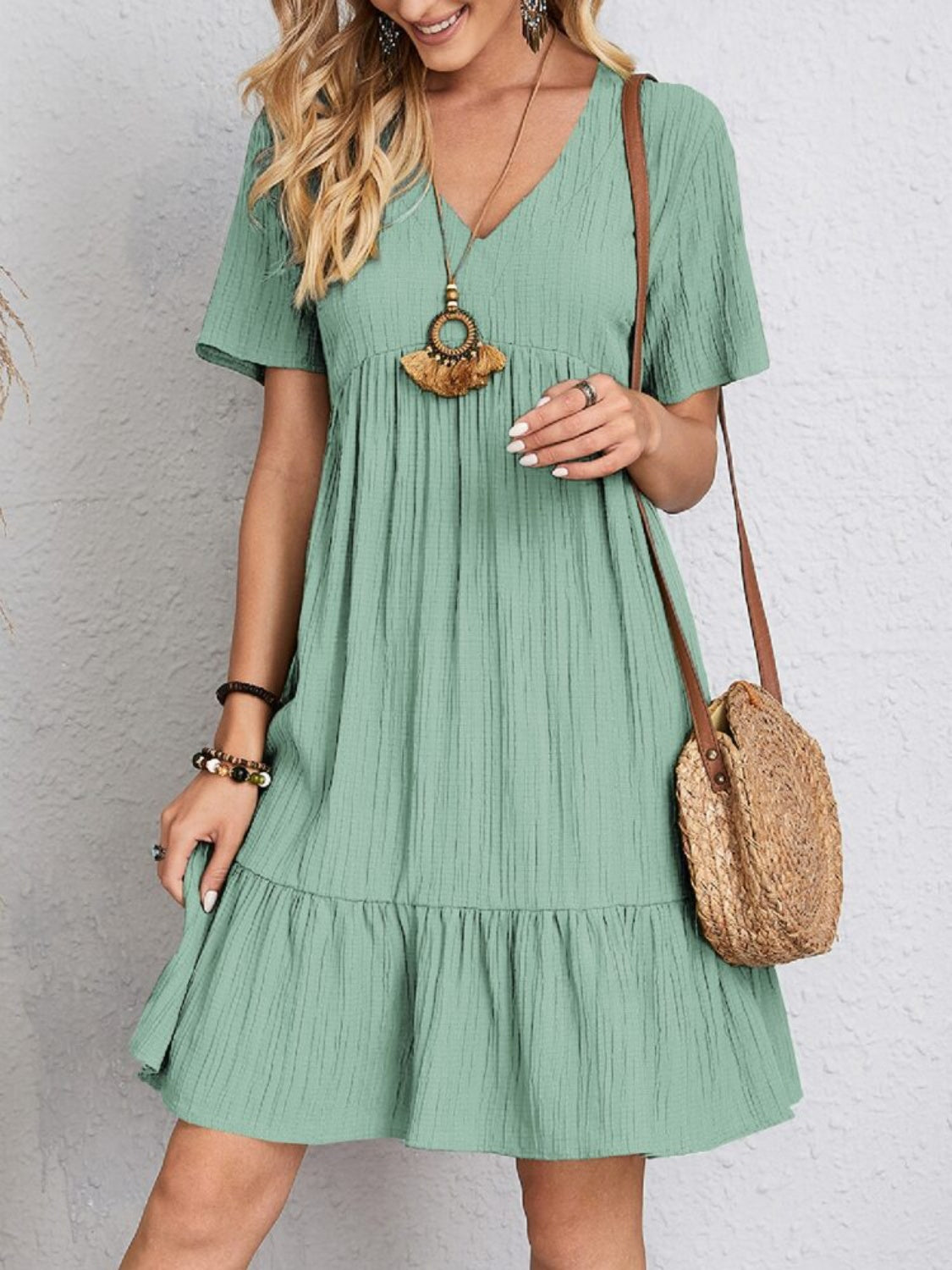 Lightweight V Neck Short Sleeve A Line Dress
