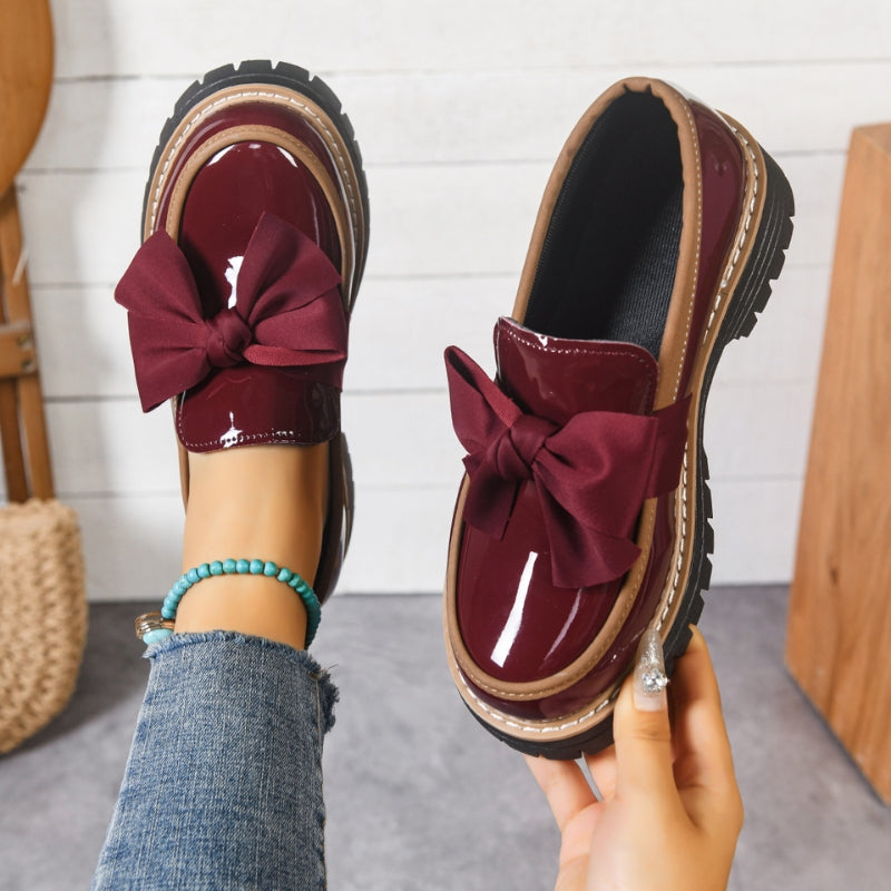Glossy Green Bowknot Loafers Chunky Cushioned Sole