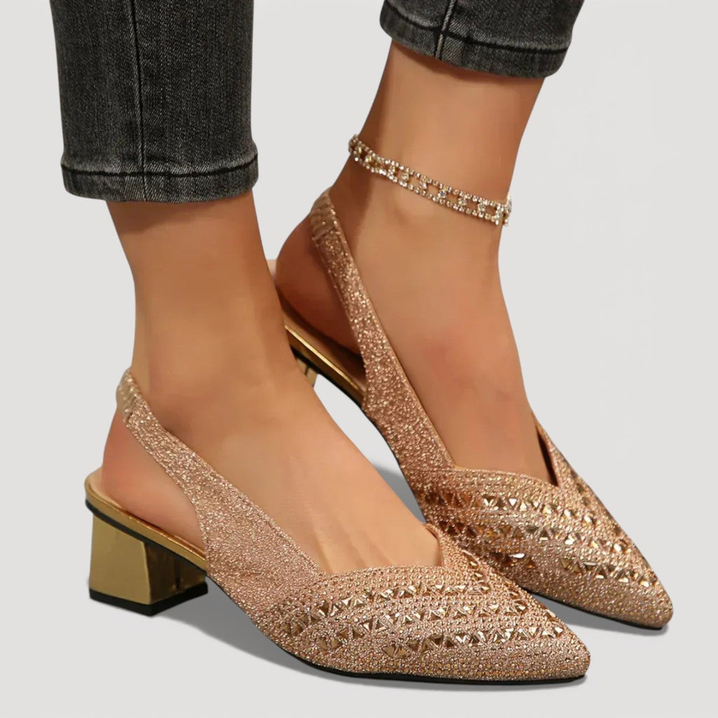 Elegant Slingback Heels Pointed Toe Sparkle Finish