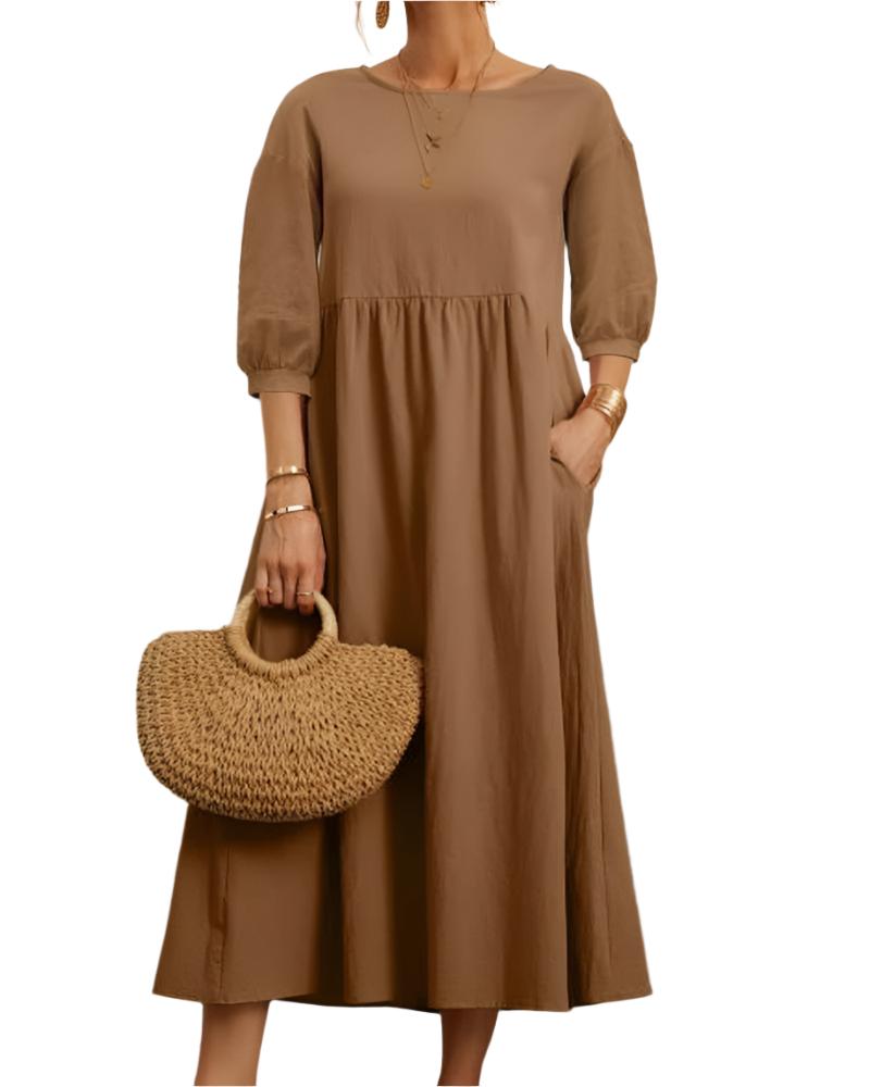 Relaxed Fit Midi Dress Lightweight Cotton Linen Blend