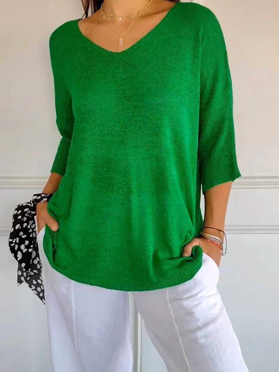 Lightweight V Neck Knit Top Relaxed Casual Fit