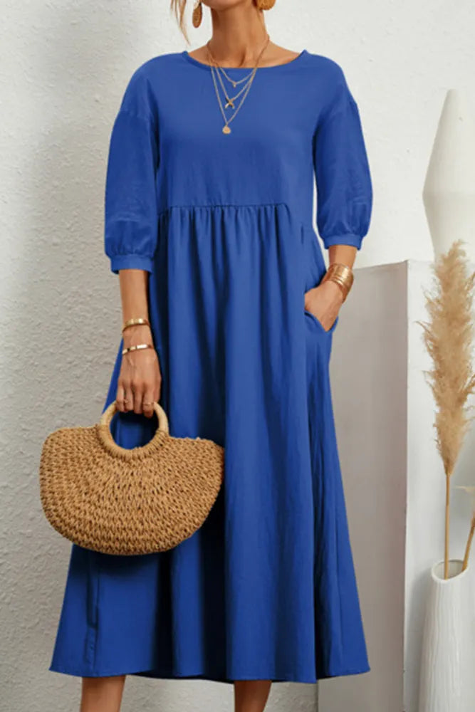 Relaxed Fit Midi Dress Lightweight Cotton Linen Blend