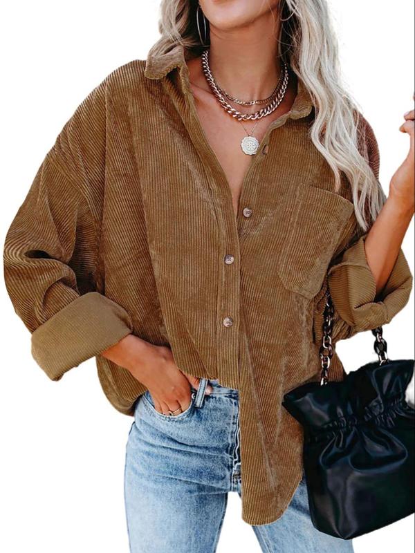 Loose Fit Button-Front Corduroy Shirt with Pockets