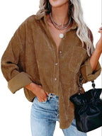 Loose Fit Button-Front Corduroy Shirt with Pockets