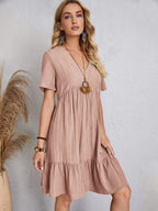 Lightweight V Neck Short Sleeve A Line Dress
