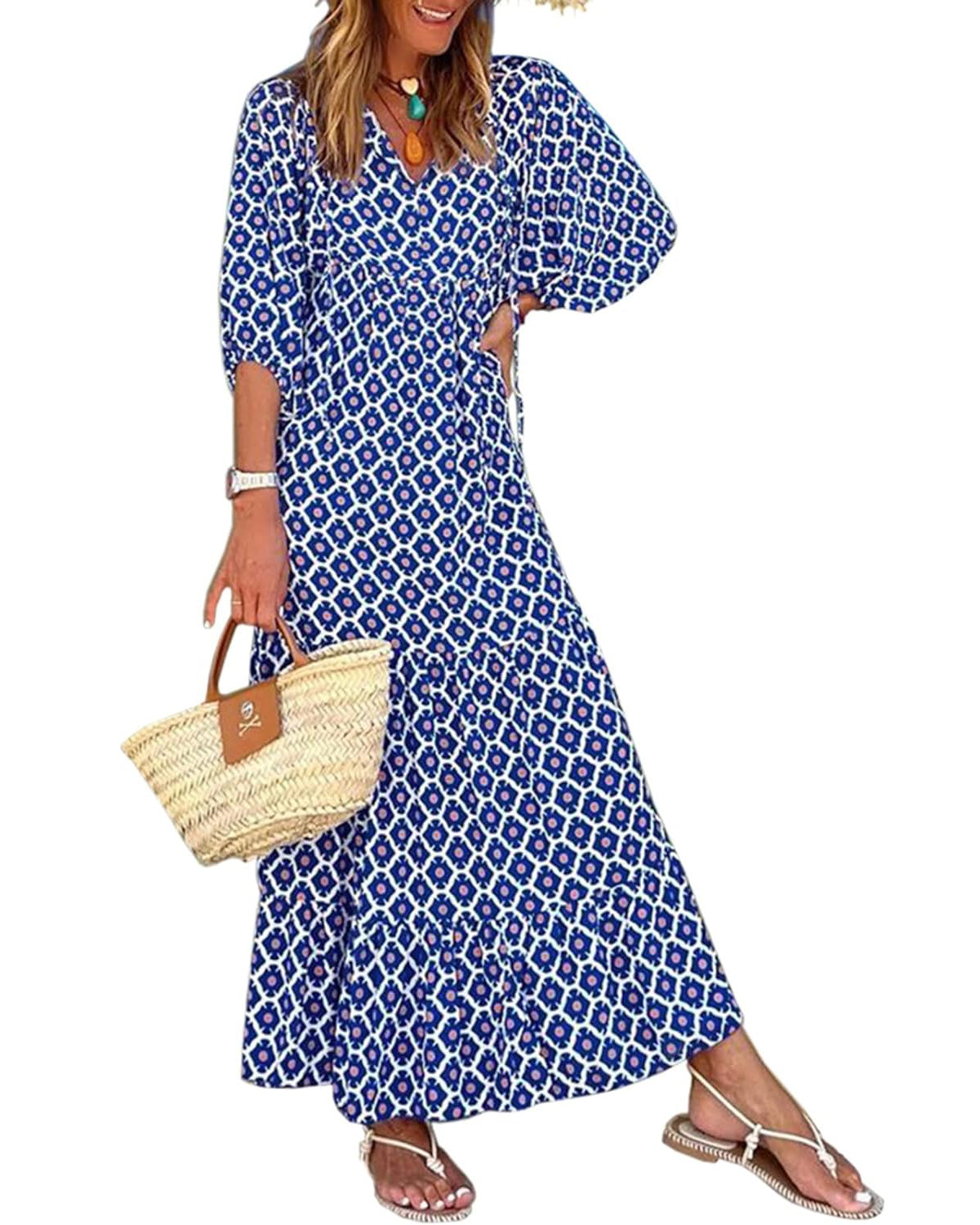 Women's Puff Sleeve Floral Boho Maxi Dress
