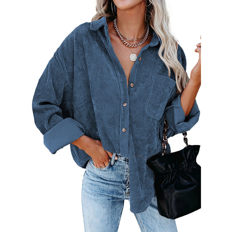 Loose Fit Button-Front Corduroy Shirt with Pockets