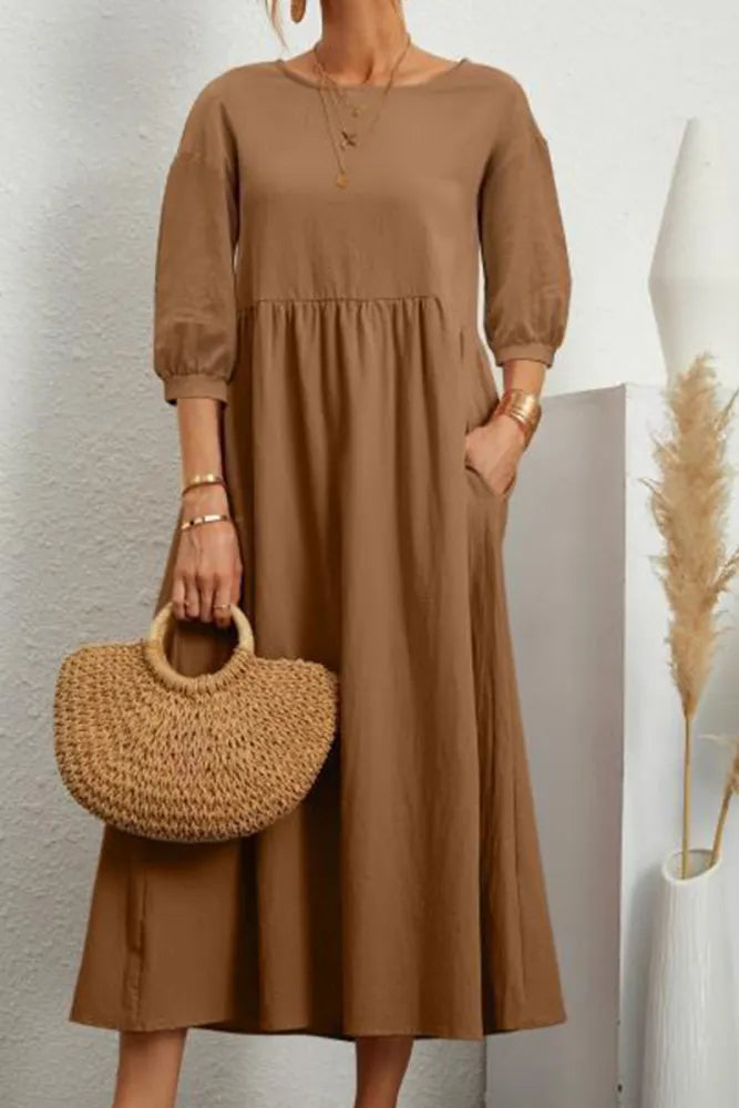 Relaxed Fit Midi Dress Lightweight Cotton Linen Blend