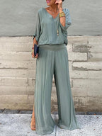 Lightweight Two Piece Women Outfit V Neck Wide Leg Pants