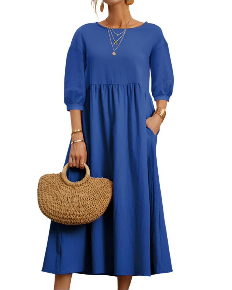 Relaxed Fit Midi Dress Lightweight Cotton Linen Blend