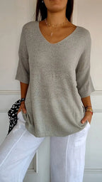Lightweight V Neck Knit Top Relaxed Casual Fit