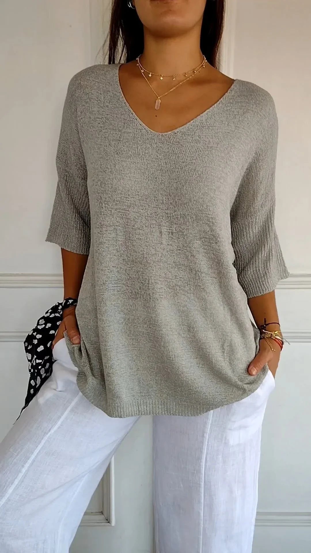 Lightweight V Neck Knit Top Relaxed Casual Fit